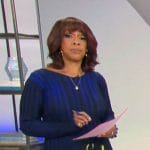 Gayle King’s blue and yellow abstract printed dress on CBS Mornings