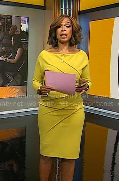 Gayle King's chartreuse long sleeve dress on CBS Mornings