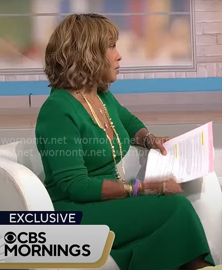 Gayle King's green v-neck dress on CBS Mornings