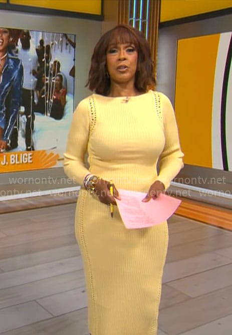 Gayle King’s yellow knit long sleeve dress on CBS Mornings