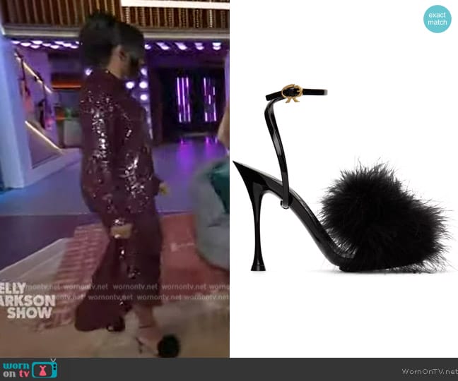 Gianvito Rossi Black Spice Plume Heeled Sandals worn by Ayesha Curry on The Kelly Clarkson Show