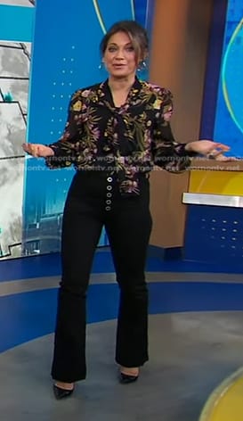 Ginger’s black floral blouse and flare pants on Good Morning America