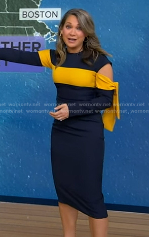 Ginger's navy and yellow cutout sheath dress on Good Morning America