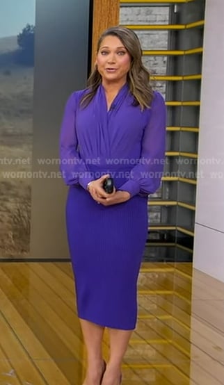 Ginger's purple wrap blouse and pencil skirt on Good Morning America