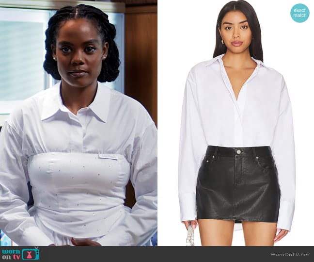 Good American Oversized Poplin Shirt worn by Sabrina Hollins (Novi Brown) on Tyler Perrys Sistas