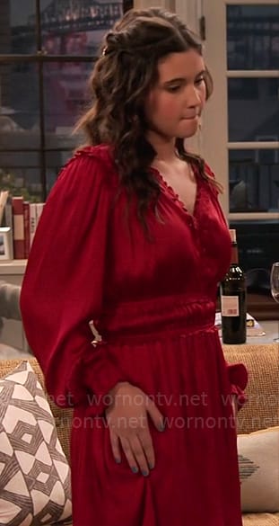 Grace’s red v-neck long sleeve dress on Extended Family