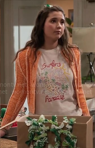 Grace's Surfers Paradise t-shirt and orange cardigan on Extended Family