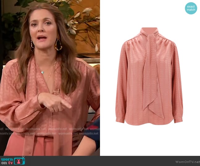 Gucci Monogrammed Necktie Blouse worn by Drew Barrymore on The Drew Barrymore Show