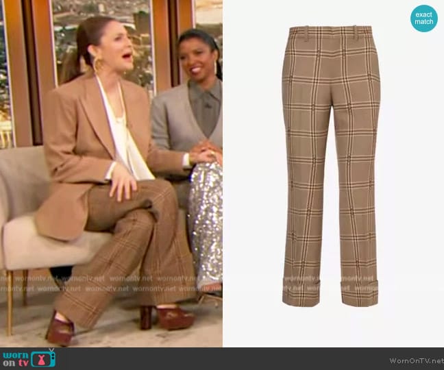 Gucci Horsebit check-patterned flared-leg wool trousers worn by Drew Barrymore on The Drew Barrymore Show