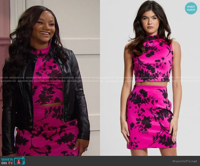 Guess Adele Top and Skirt in Fuchsia Black Flowers worn by Chanel Dupree (Raven Bowens) on Days of our Lives