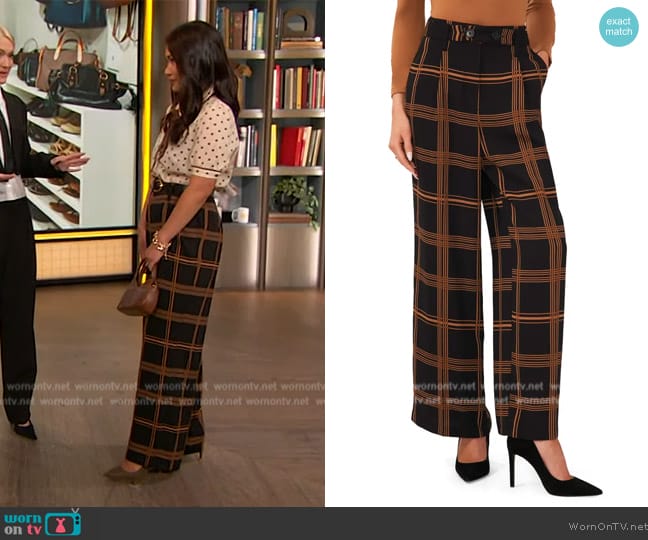 Halogen Windowpane Plaid Wide Leg Trousers worn by MaryAnne Miranda on The Drew Barrymore Show