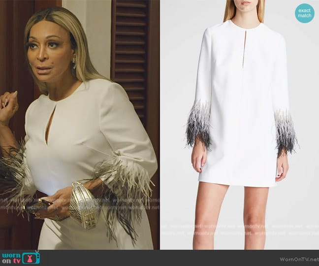 Halston Kendall Keyhole Feather-Cuff Crepe Mini Dress worn by Karen Huger on The Real Housewives of Potomac