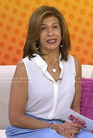 Hoda's white pearl button sleeveless top on Today