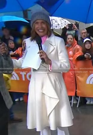 Hoda’s white ruffle coat on Today