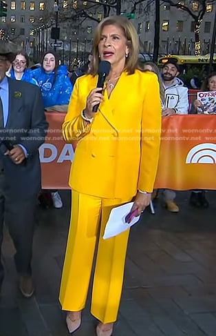 Hoda's yellow double breasted blazer and pants on Today