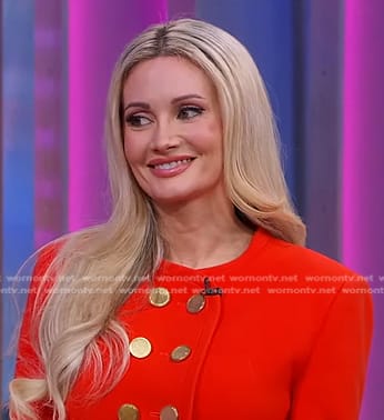 Holly Madison’s orange double breasted jacket and mini skirt on Good Morning America