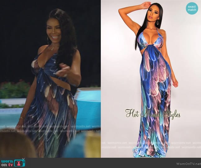 Hot Miami Styles Amethyst Feather Print Cutout Dress worn by Mia Thornton on The Real Housewives of Potomac