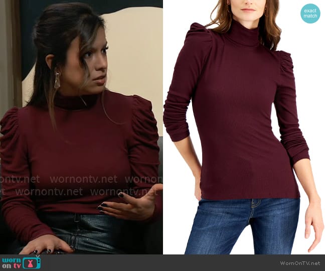 INC International Concepts Puff-Sleeve Turtleneck Top worn by Alison 'Blaze' Rogers (Jacqueline Grace Lopez) on General Hospital