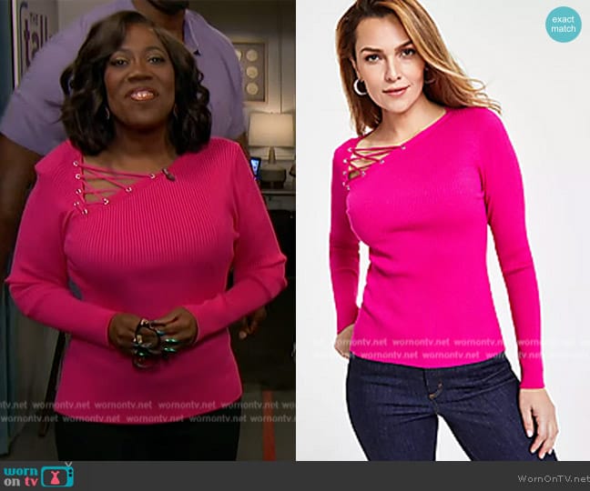 INC International Concepts Asymmetric Lace-Up Neck Sweater worn by Sheryl Underwood on The Talk