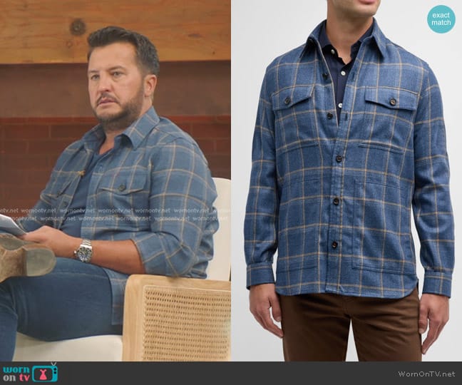 Isaia Wool-Silk Check Overshirt worn by Luke Bryan on American Idol