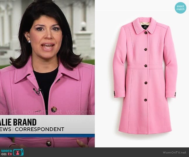 J. Crew Lady Day Topcoat in Decorative Pink worn by Natalie Brand on CBS Mornings