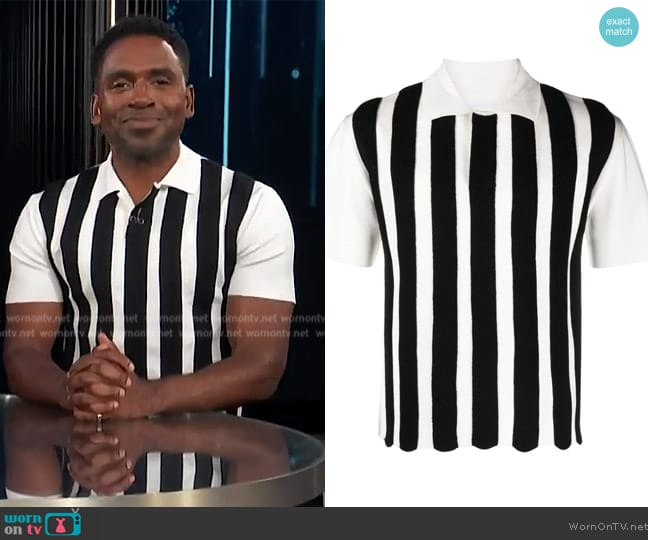 Jacquemus Le polo Maille Ola shirt worn by Justin Sylvester on E! News