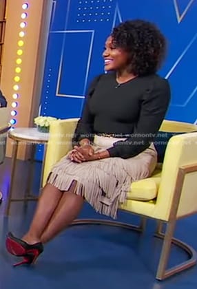 Janai’s beige fringed skirt on Good Morning America