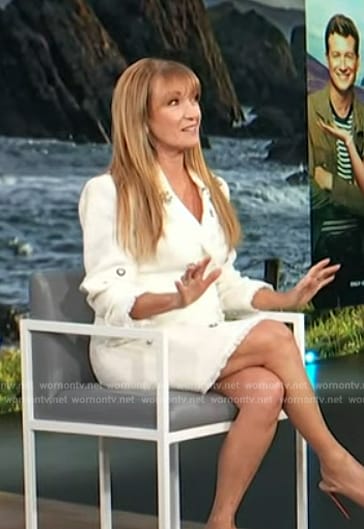 Jane Seymore’s white tweed embellished blazer dress on Access Hollywood