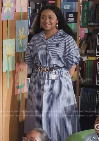 Janine's blue striped dress on Abbott Elementary