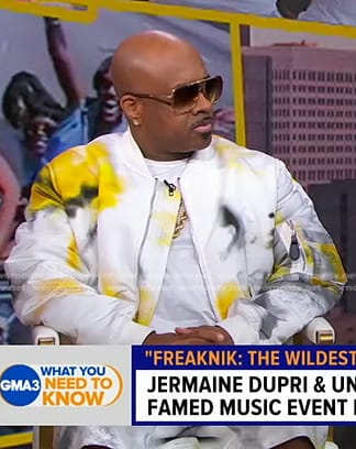 Jermaine Dupri’s white tie dye bomber jacket and shorts on Good Morning America