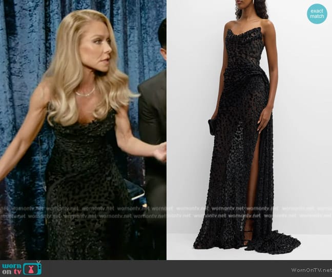 Jason Wu Velvet Dot Devor Strapless Gown worn by Kelly Ripa on Live with Kelly and Mark