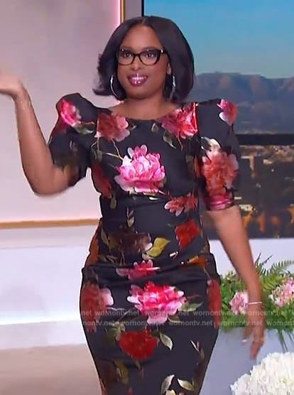 Jennifer's black floral print satin dress on The Jennifer Hudson Show