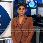 Jericka’s brown striped piping blazer and pants on CBS Evening News