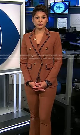 Jericka's brown striped piping blazer and pants on CBS Evening News