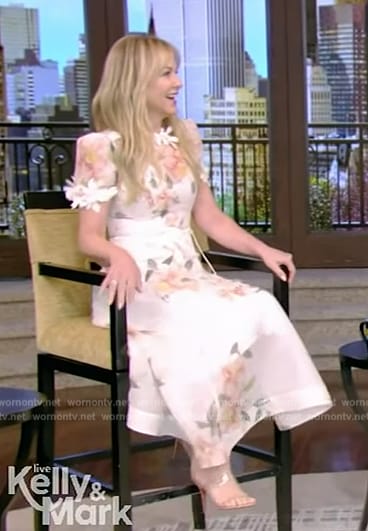 Jessica Capshaw’s floral print midi dress on Live with Kelly and Mark