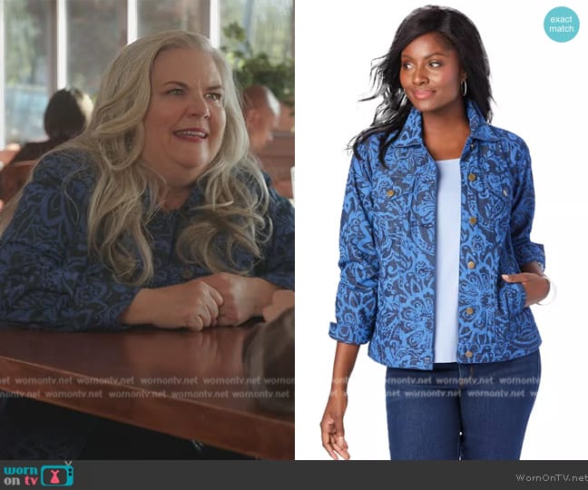 Jessica London Classic Cotton Button Down Denim Jacket worn by Gloria McManus (Paula Pell) on Girls5eva