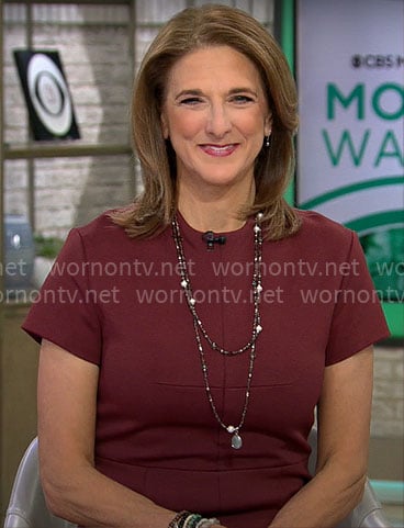 Jill Schlesinger's dark red short sleeve sheath dress on CBS Mornings