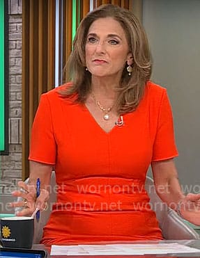 Jill Schlesinger's red v-neck short sleeve dress on CBS Mornings