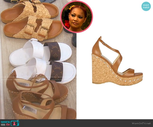 Jimmy Choo Weekend Palm Wedge Sandals in Brown worn by Garcelle Beauvais on The Real Housewives of Beverly Hills