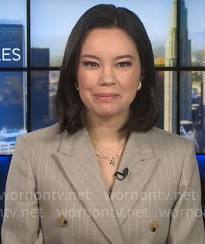 Jo Ling Kent’s beige pinstriped blazer on CBS Mornings