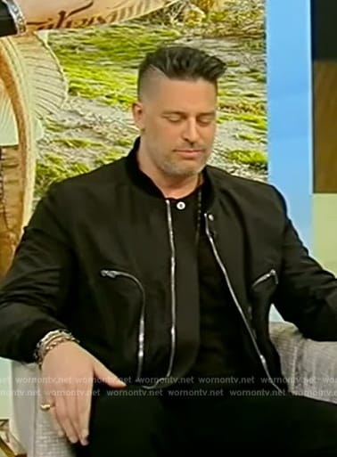 Joe Manganiello's black zip pocket jacket on Tamron Hall Show