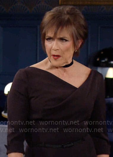 Jordan’s black asymmetric neckline dress on The Young and the Restless