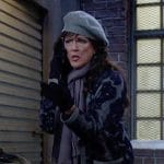 Jordan’s grey and blue long patterned cardigan on The Young and the Restless