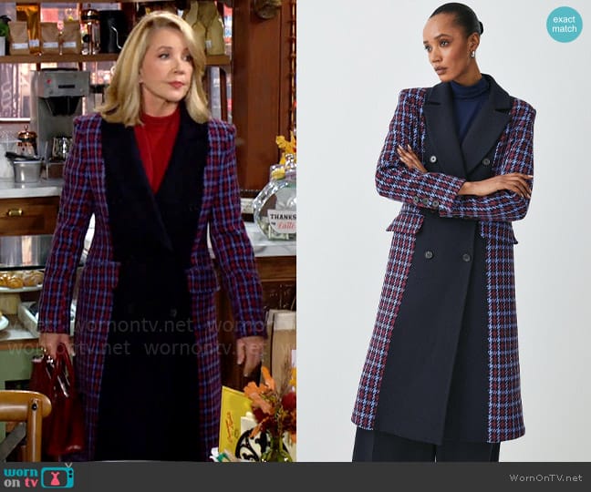 Karen Millen Italian Virgin Wool Colorblock Tweed Coat worn by Nikki Reed Newman (Melody Thomas-Scott) on The Young and the Restless