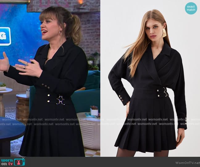 Karen Millen Tailored Crepe Pleated Skirt Wrap Mini Shirt Dress worn by Kelly Clarkson on The Kelly Clarkson Show