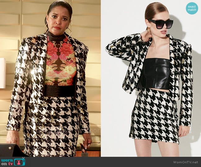 Karen Millen Houndstooth Sequin Tailored Jacket and Skirt worn by Wickie Roy (Renée Elise Goldsberry) on Girls5eva