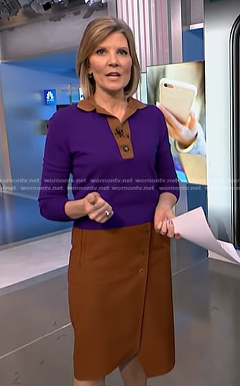 Kate's purple contrast collar polo and brown skirt on NBC News Daily