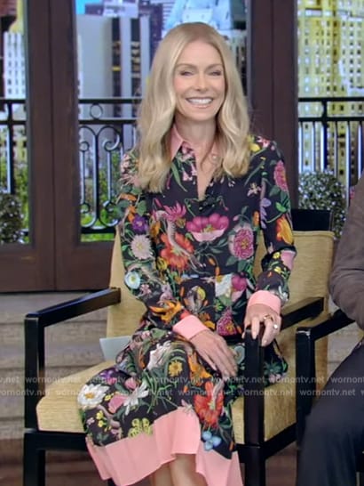 Kelly's black floral midi dress on Live with Kelly and Ryan