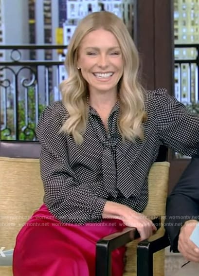 Kelly's black polka dot print blouse on Live with Kelly and Mark