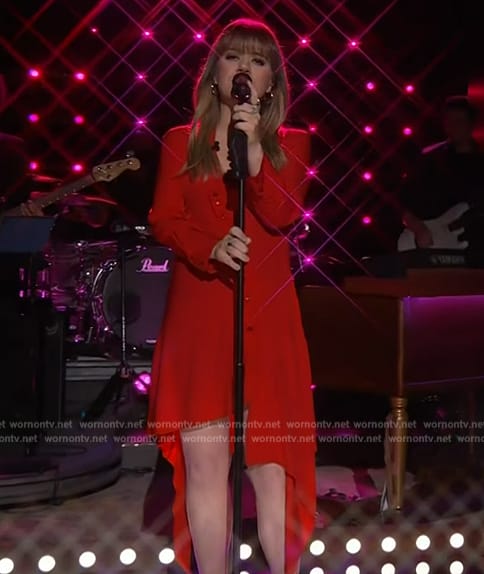 Kelly’s red asymmetric dress on The Kelly Clarkson Show